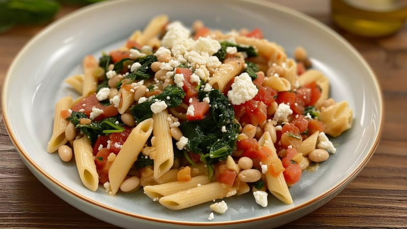 Griekse pasta met tomaten en witte bonen