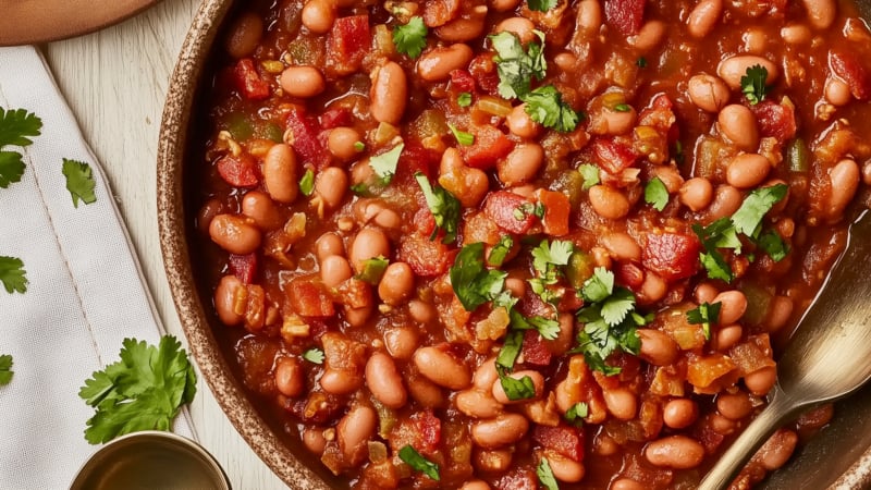 Mexicaans gekruide bruine bonen met tomaat en bacon