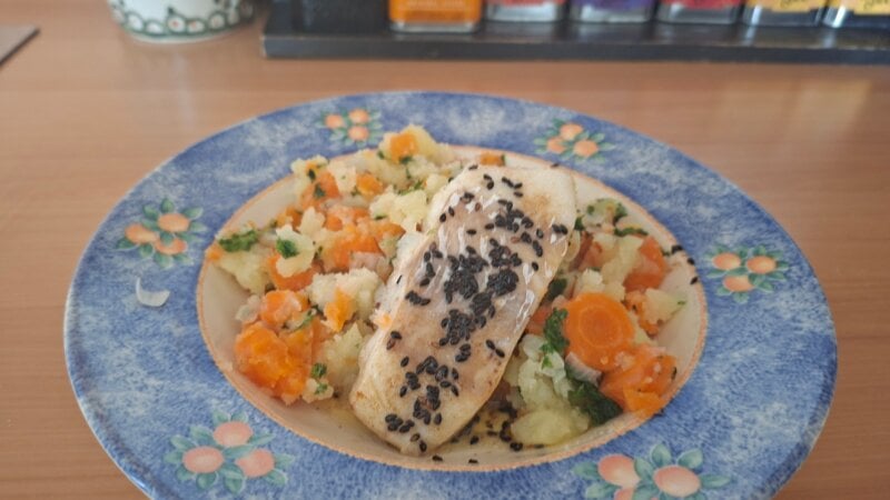 Airfryer Kabeljauw met Sugar Snaps en een korstje van Sesamzaadjes