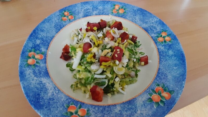 Stamppot rucola en prei met spekjes