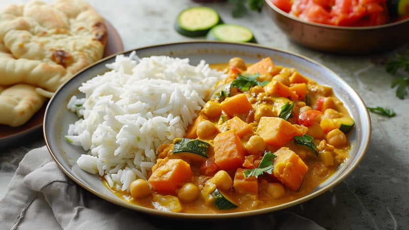 Vegan Indiase Curry met Zoete Aardappel en Kikkererwten