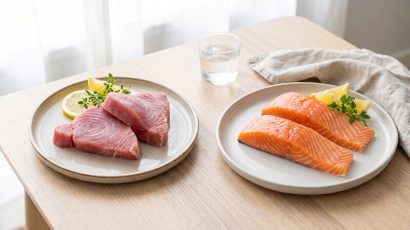 Welke stof bevat meer vitamine B12, tonijn of zalm?