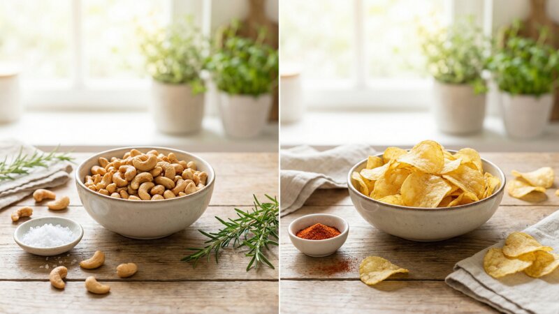 Wat is gezonder, cashewnoten of chips?