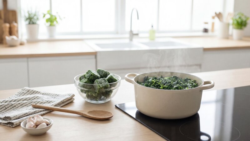Hoe lang moet diepvriesspinazie koken?