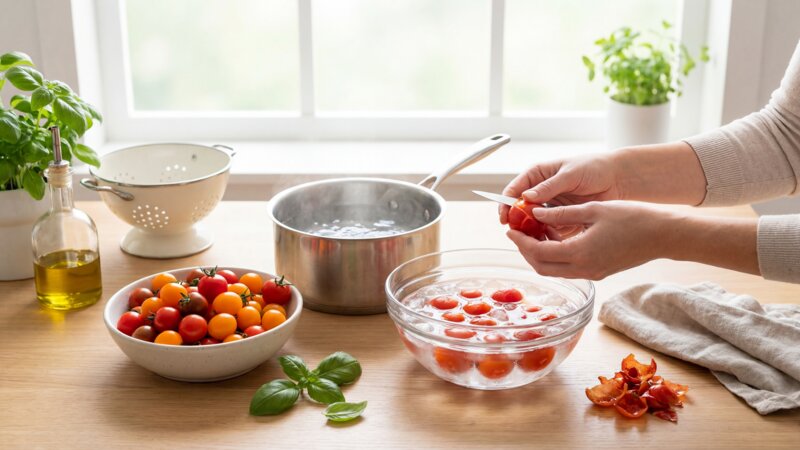 Hoe kan ik cherrytomaatjes ontvellen?