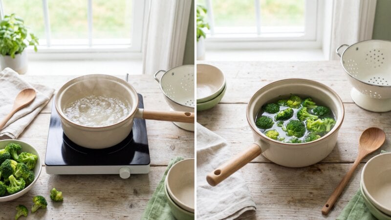 Kook je eerst het water en voeg je dan de broccoli toe?