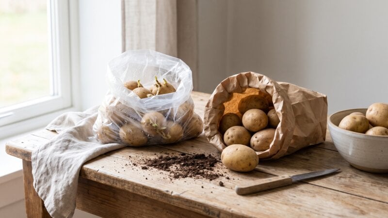 Is het beter om aardappelen in plastic of papieren zakken te bewaren?