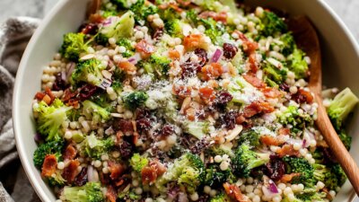 Knapperige broccolisalade met parelcouscous en salami