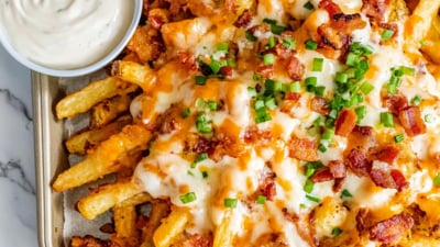 Loaded fries met kaas, bacon en bosui