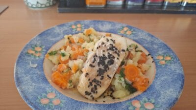 Airfryer Kabeljauw met Sugar Snaps en een korstje van Sesamzaadjes