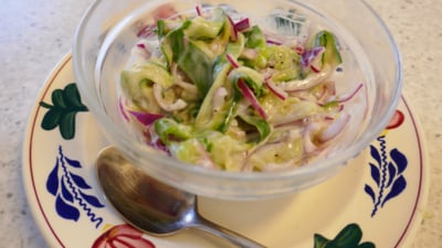 Romige komkommer met rode ui in Griekse yoghurt