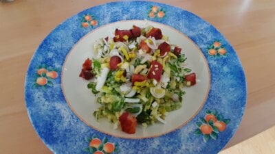 Stamppot rucola en prei met spekjes