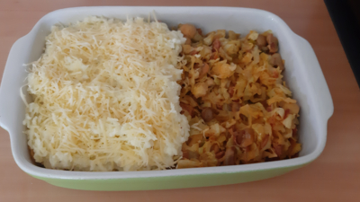 Spitskool met bacon en champignons en aardappelpuree met kruidenroomkaas