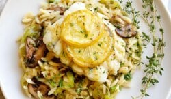 Gebakken kabeljauw met romige orzo, champignons en prei
