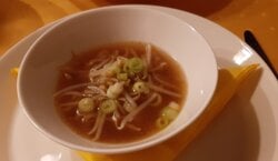 Heerlijke lichte Koreaanse runderbouilon met taugé, lente-uitjes en rosbief