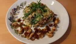 Zomers rucola-stamppot met gebakken champignons en gedroogde tomaatjes