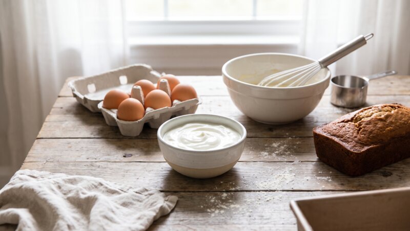 Wat is de verhouding tussen eieren en yoghurt bij het bakken?